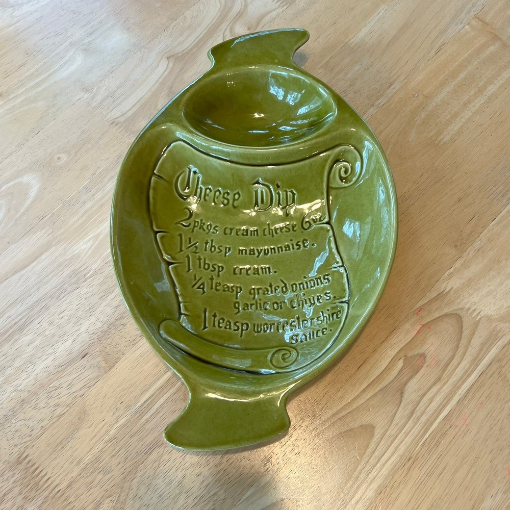 Vintage California USA Pottery Cheese Dip Recipe Tray Avocado Green S-5 Scroll
